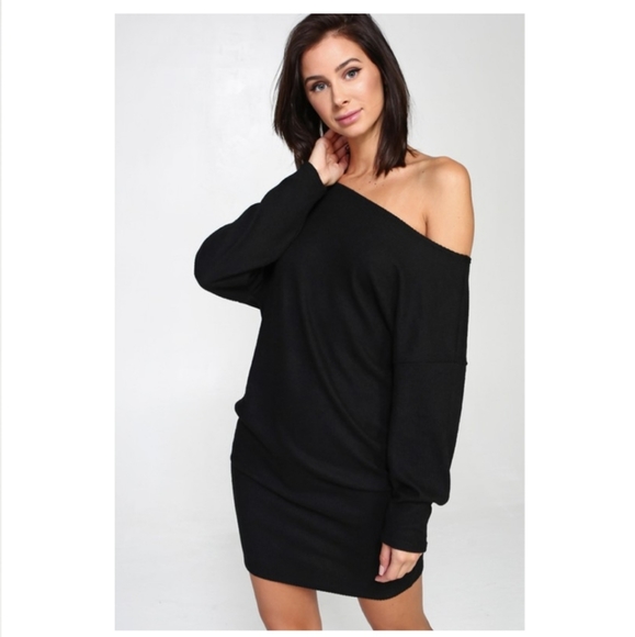 Black Off One Shoulder Long Sleeve Dress - Picture 3 of 5